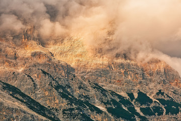 Mountain slope in clouds, beautiful outdoor background