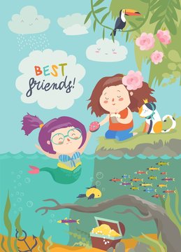 Cute mermaid and girl are best friends
