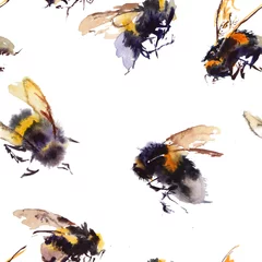 Fotobehang Watercolor bees seamless pattern isolated on white background. hand drawn watercolor illustration © Ekaterina