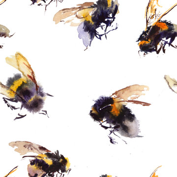 Watercolor bees seamless pattern isolated on white background. hand drawn watercolor illustration