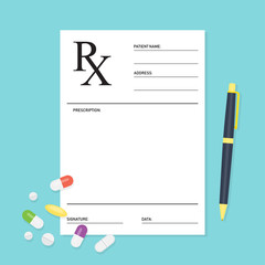 Empty medical prescription Rx form with pills - obrazy, fototapety, plakaty