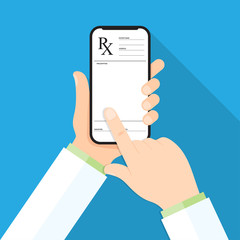 Doctor's hand holding a smartphone with rx prescription on a display - obrazy, fototapety, plakaty