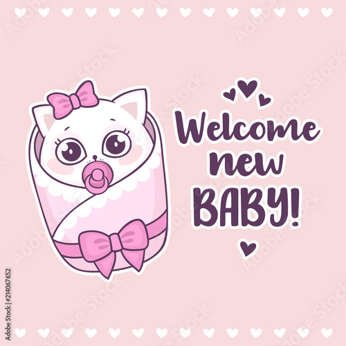 Colorful Baby Shower With Cute Girl Cat And Inscription Welcome New