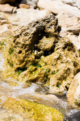 The surface of an old rock with cracks. Old rock texture (wild background)