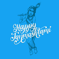 Happy Janmashtami, hand lettering. Sketch of young god Krishna on blue background. Vector drawn illustration.