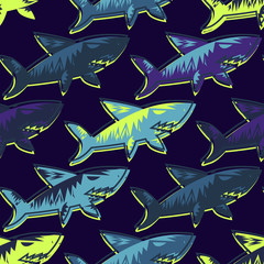 Abstract seamless vector underwater pattern for girls, boys, clothes. Creative background with sharks. Funny wallpaper for textile and fabric. Fashion style. Colorful bright
