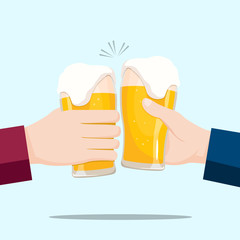 People celebrating with beer glasses and blue background