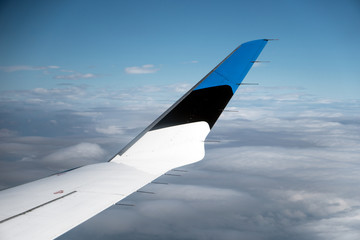 Fototapeta na wymiar Aerial view of the plane wing with Estonian flag.