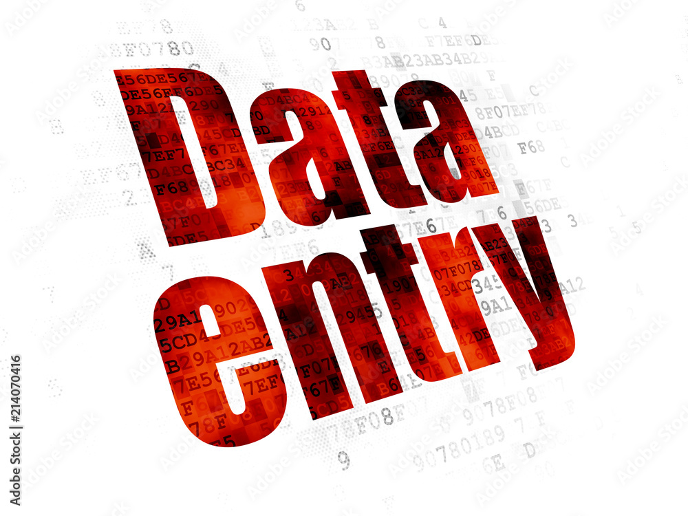 Poster information concept: pixelated red text data entry on digital background