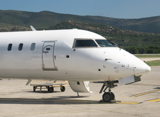 Commercial passenger plane in the airport. Aircraft maintenance.