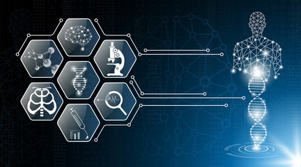 abstract background technology concept in blue light,brain and human body heal ,technology modern medical science in future and global international medical with tests analysis clone DNA human
