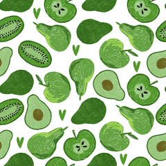 Hand drawn sketch illustration of green fruits and vegetables. Food objects and  elements for your design.