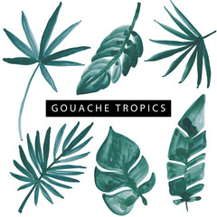 Hand drawn gouache styled illustration of beacn and tropical leaves. Summer mood modern tropical leaves isolated objects in green emerald color. - 214072245