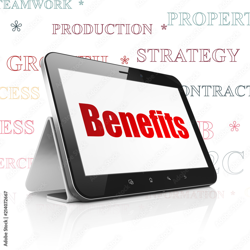 Poster finance concept: tablet computer with red text benefits on display, tag cloud background, 3d renderi