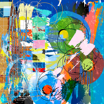 abstract background composition, with circles, paint strokes, splashes and geometric lines