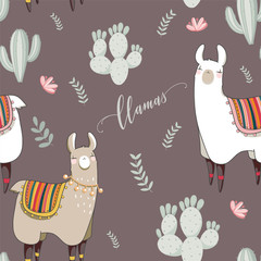 Seamless pattern with Lama in cartoon style. Hand drawn vector illustration. Elements for greeting card, poster, banners. T-shirt, notebook and sticker design. © Tatiana Sidenko