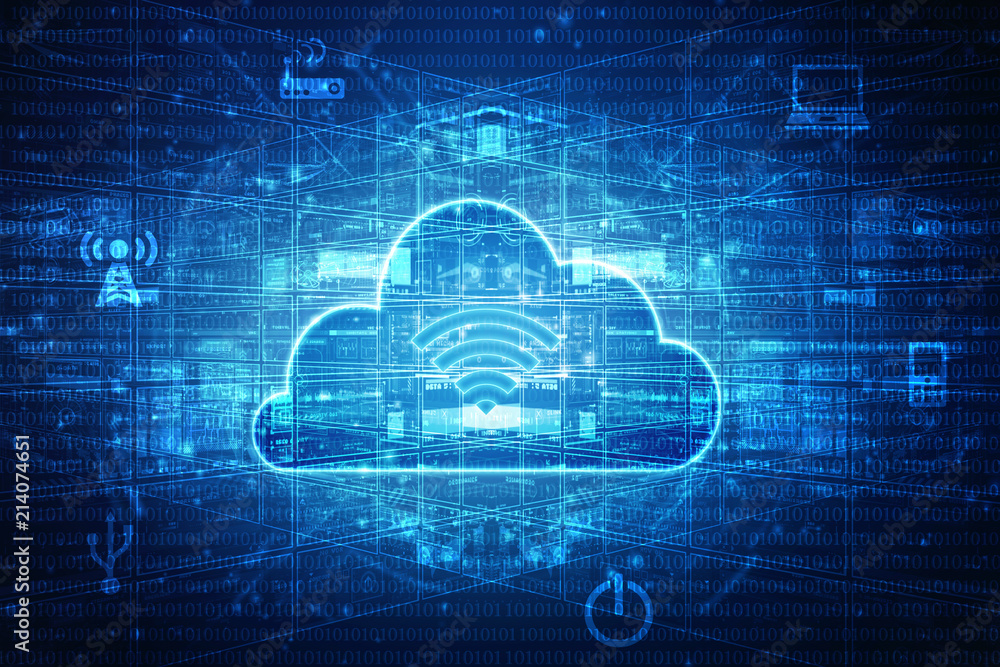 Poster 2d rendering cloud online storage icons with wifi