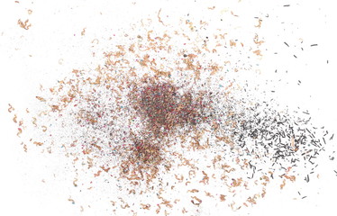 Wooden spiral pencil shavings from sharpener isolated on white background, top view