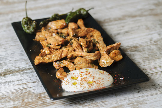 raxo dish, Galician-style meat, classic Spanish tapas dish.selective focus.