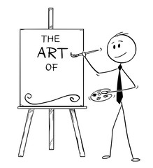 Cartoon stick man drawing conceptual illustration of businessman artist holding brush and palette and writing the art of on canvas. Its ready to add your subject.
