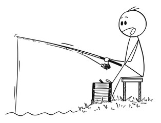 Cartoon stick drawing conceptual illustration of man or fisherman sitting on the shore of lake or river and fishing patiently.