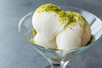 Turkish Maras Vanilla Ice Cream with Pistachio Powder Served Portion in Glass Cup