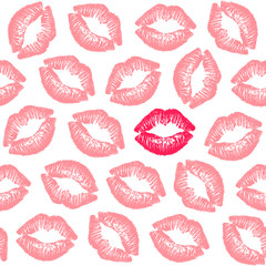 Female contrast lipstick kiss isolated on white background. Vector seamless pattern.