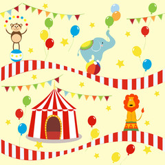 Seamless background, pattern, cartoon cute elephant, lion and monkey with circus tent. vector illustration.