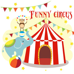 A carnival with stripe tents, elephant and monkey. vector illustration - 214075853