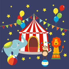 Carnival with striped tents, cheerful circus, elephant, lion and monkey. Vector illustration.