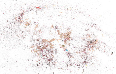 Wooden spiral pencil shavings from sharpener isolated on white background, top view