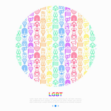 LGBT concept in circle with thin line icons: gay, lesbian, rainbow, coming out, free love, flag, support, stop homophobia, LGBT rights, pride day. Modern vector illustration for print media.
