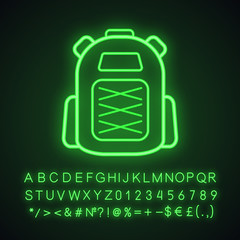 Camping backpack neon light icon