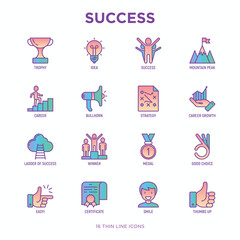 Success thin line icons set: trophy, idea, mountain peak, career, bullhorn, strategy, ladder, winner, medal, award, good choice, easy, certificate. Modern vector illustration.
