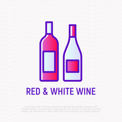 Bottles with red and white wine thin line icon. Modern vector illustration.