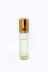 Perfume bottle with Golden lid on white background isolated