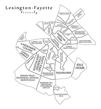 Modern City Map - Lexington-Fayette Kentucky city of the USA with neighborhoods and titles outline