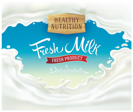 Splash of milk, with a set of inscription as set design elements for label or packaging of dairy products