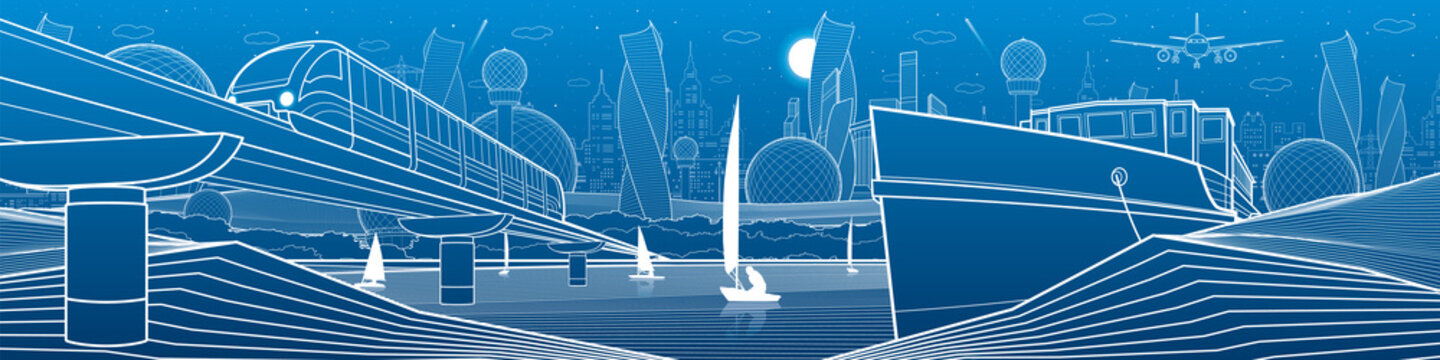 City infrastructure industrial and transport illustration panorama. Train travels along  railway bridge over river. Ship is moored on shore. Yachts on water. White lines on blue background. Vector art