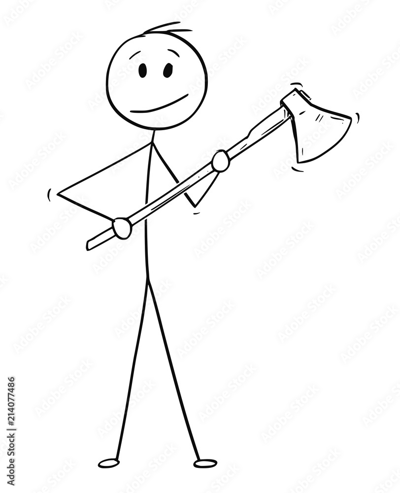 Sticker Cartoon stick drawing illustration of man or lumberjack with axe or ax.