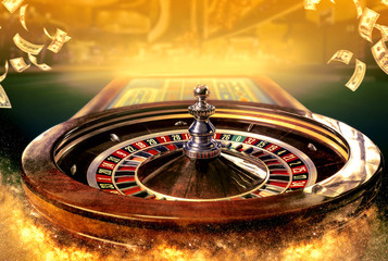 Collage of casino images with a close-up vibrant image of multicolored casino roulette table with...