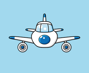 White jet airplane front view.