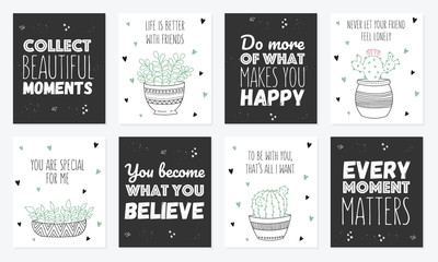 Vector set of postcards with line drawing house plant in pot with slogan about friend