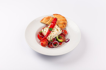 Top and Front View Isolated - Greek salad with onion, pepper, tomatoes, cucumber, donut, bread, feta cheese