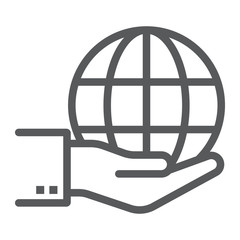 Globe on hand line icon, ecology and energy, save the planet sign, vector graphics, a linear pattern on a white background, eps 10.