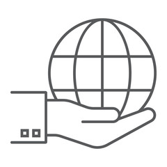 Globe on hand thin line icon, ecology and energy, save the planet sign, vector graphics, a linear pattern on a white background, eps 10.