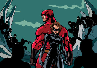 Illustration of superhero couple standing against evil minions. © Malchev