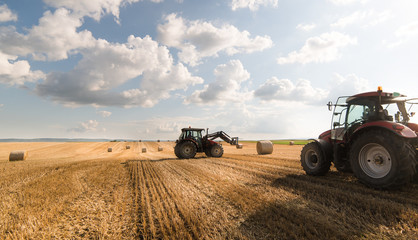 A tractor collecting straw bales