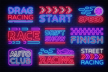Big collection Racing neon sign vector design template. Street Racing neon text, light banner design element colorful modern design trend, night bright advertising, bright sign. Vector illustration © Ivan