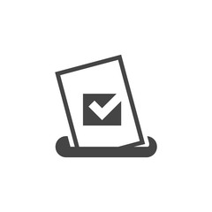 Bulletin with check mark placed in box. Voting document glyph icon. Marketing survey, anonymous choice, quality control service concept label. Vector logo in black flat style isolated
